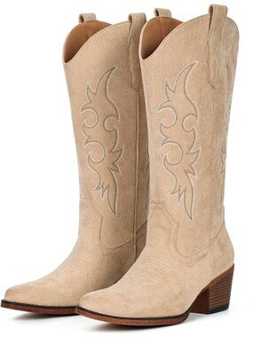 Women’s Camel Suede Western Cowgirl Cowboy Boots Mid-Calf Snip Toe Chunky Heel